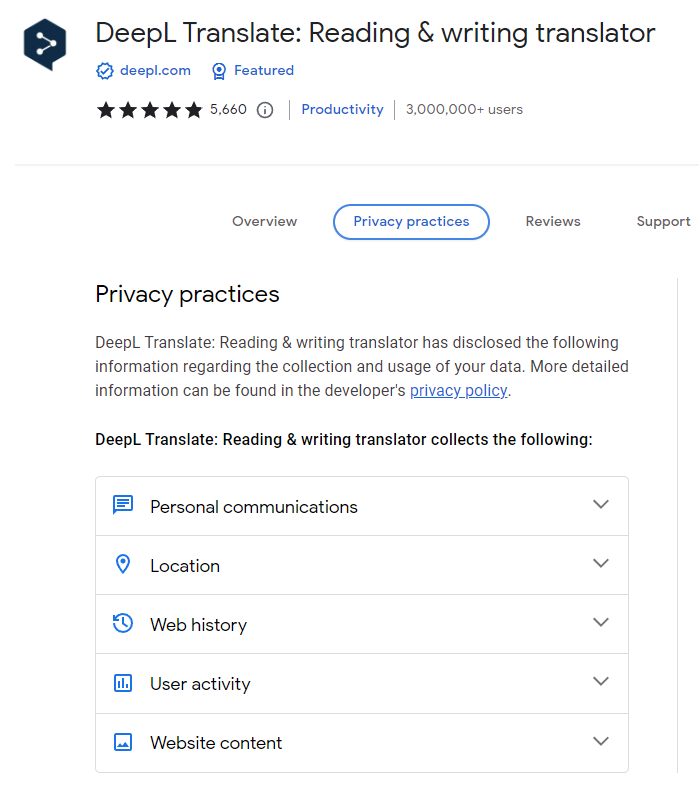 Privacy Practices - Extension "DeepL Translate"