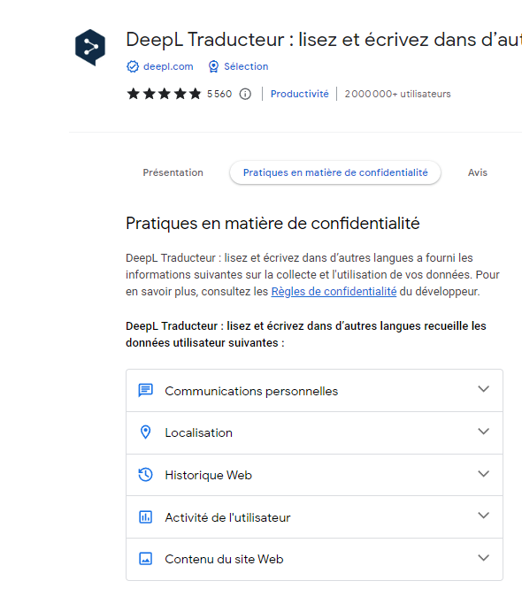 Données utilisateurs recueillies de l'extension "DeepL Traducteur"