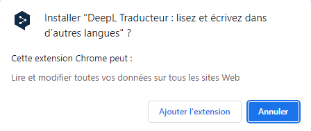Demande d'autorisations de l'extension "DeepL Traducteur"