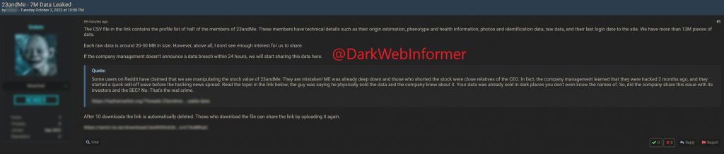 Message sur un forum des données leakées du site 23andMe