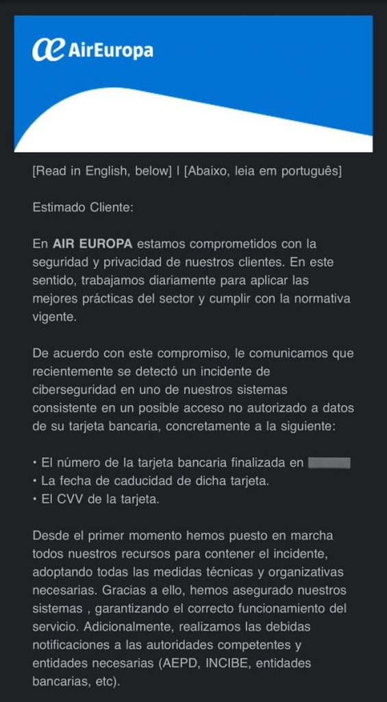 Communiqué officiel d'Air Europa concernant la fuite de données