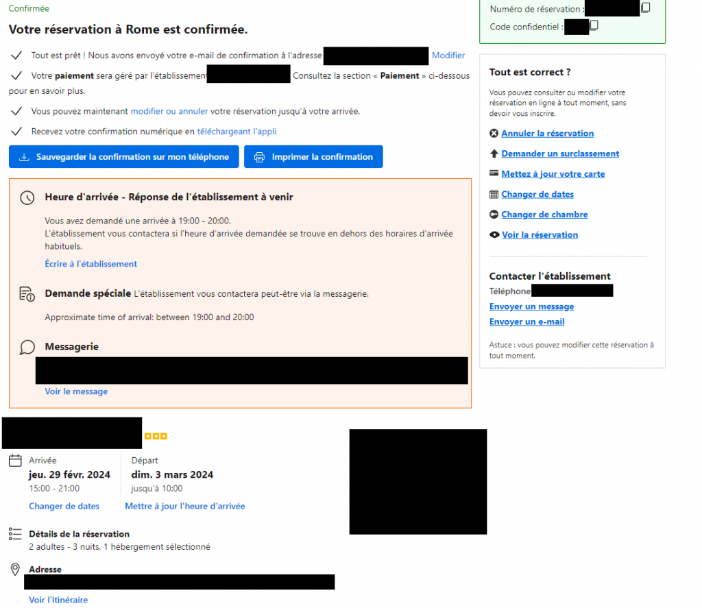 Page de confirmation de réservation de Booking.com