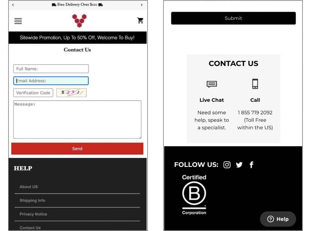Contact page, fake site on the left, real site on the right