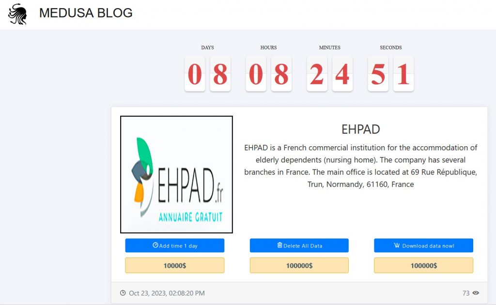 Ransom in the Medusa's blog for the EHPAD data thief