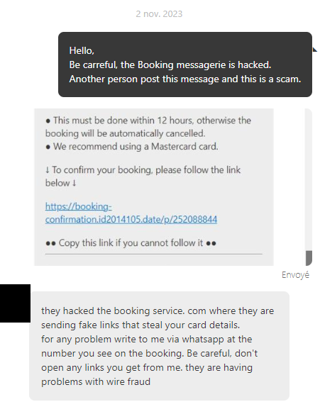 Message envoyé auprès de l'hôtel et réponse de l'hôtel