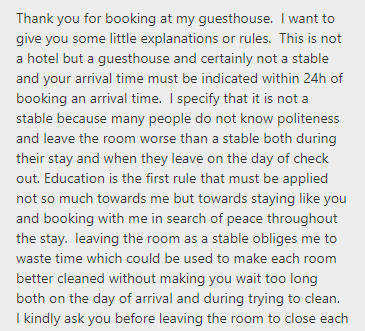 Vrai message de l'hôtel sur la messagerie interne de Booking.com