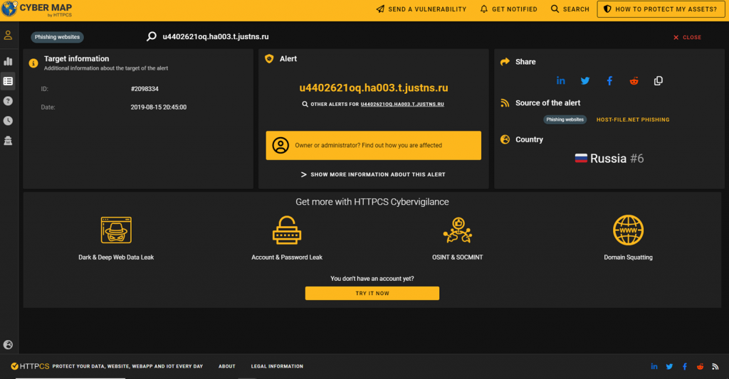 Détail d'une alerte de phishing