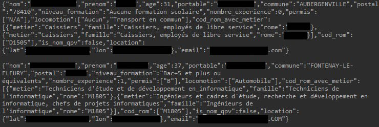 Exemples de données fuitées de Pôle Emploi