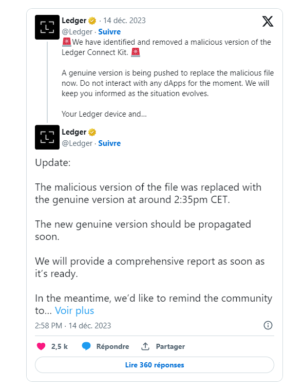 Tweets de Ledger sur la faille