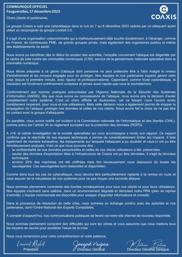 Communiqué officiel de Coaxis