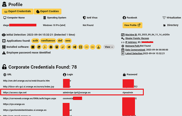 Login and password of the hacked account of the Orange Spain employee
