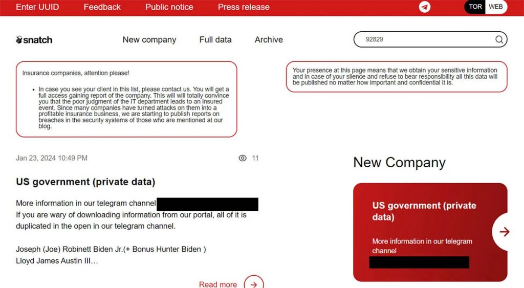 Snatch annonçant les données volées