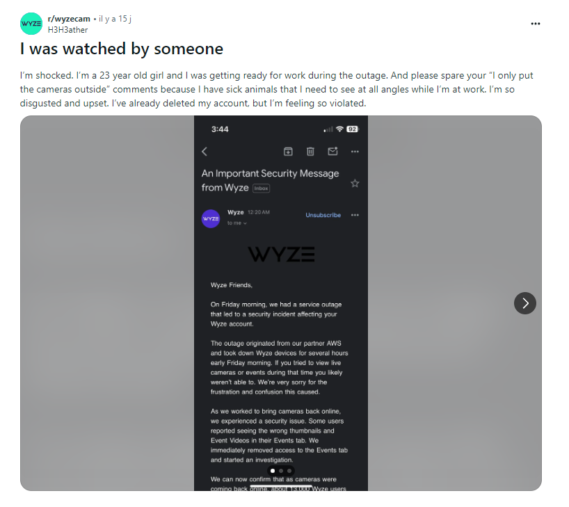 Message on reddit about a girl impacted by the Wyze cyber incident