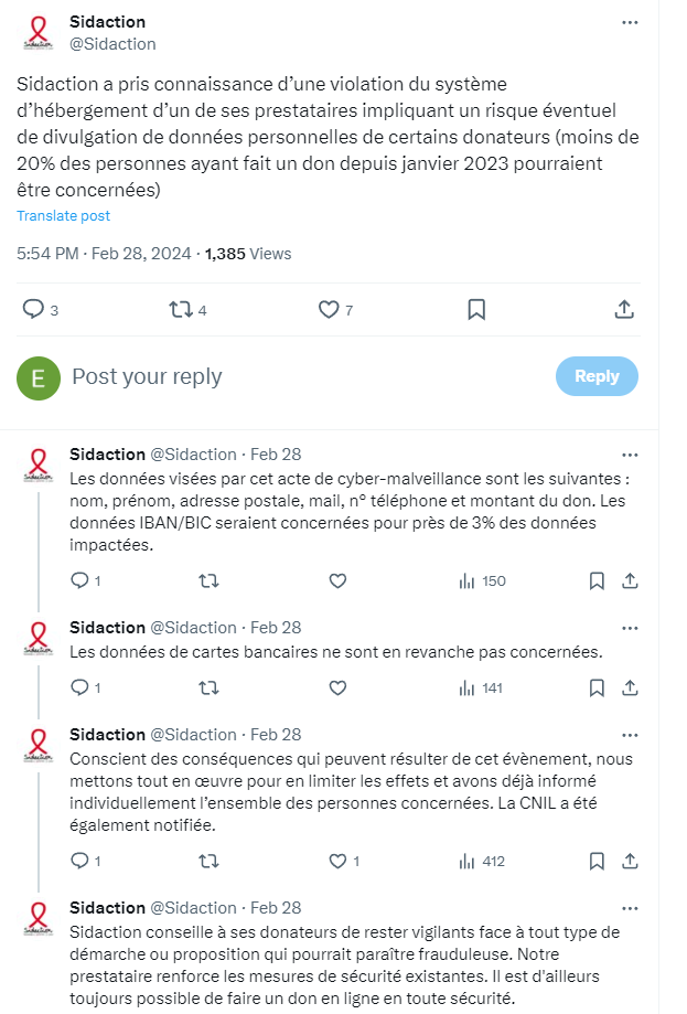 Tweet of Sidaction about the cyber attack