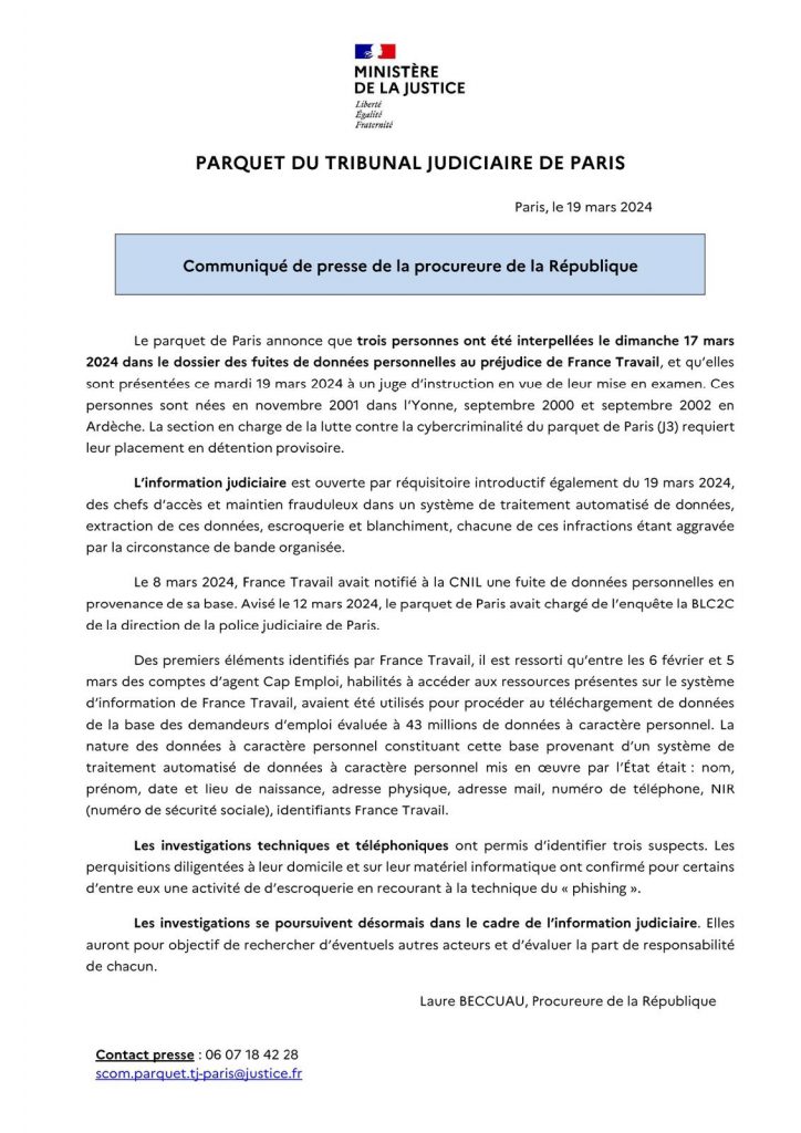 Communiqué de presse de la procureure de la République