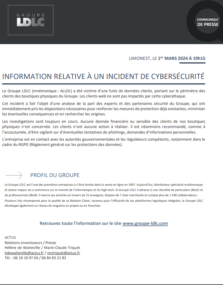 Communiqué de presse de LDLC à propos du cyber-incident