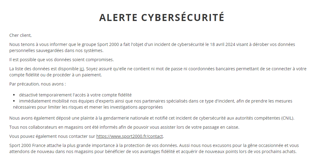 Message de Cybersécurité pour les clients sur la fuite de données