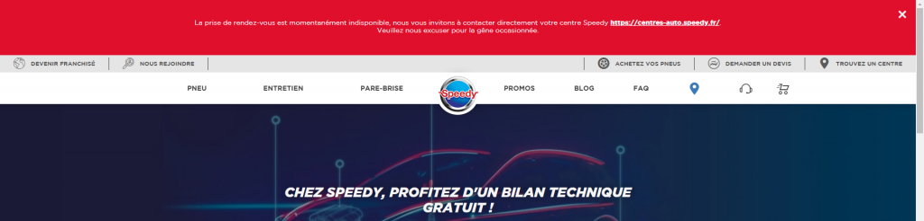 Message sur le site Speedy impactant la prise de rendez-vous